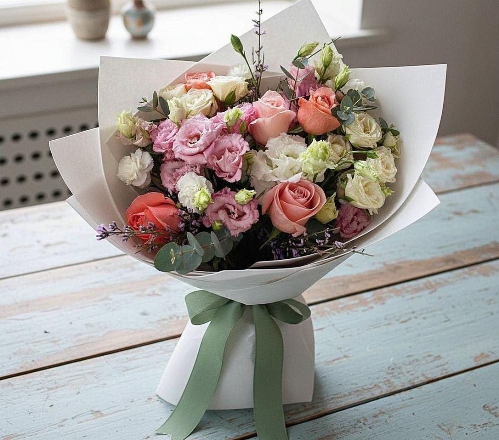 Букет цветов из: Розы, Лизиантусы и Гвоздики в Крапивна