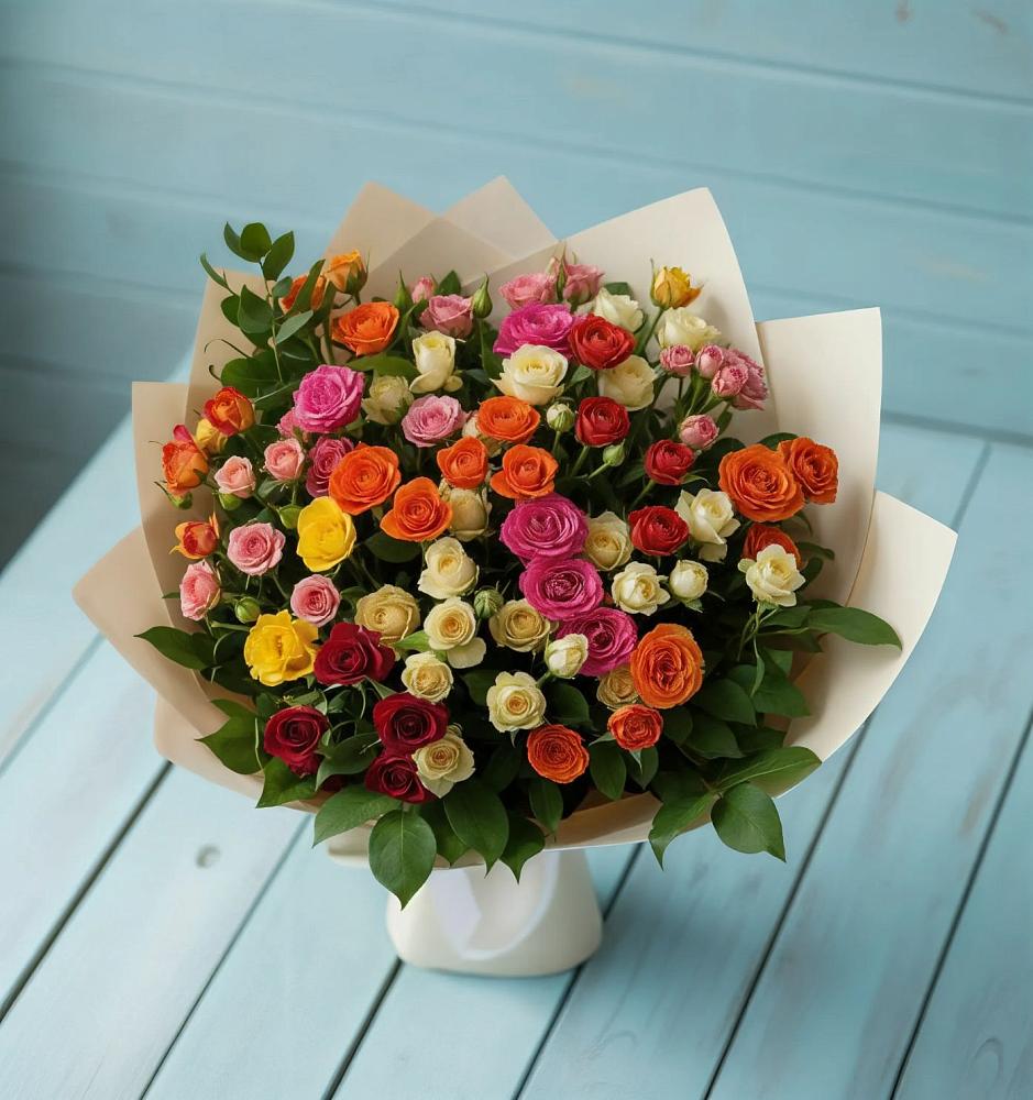 Букет Микс из разноцветных кустовых роз в Крапивна