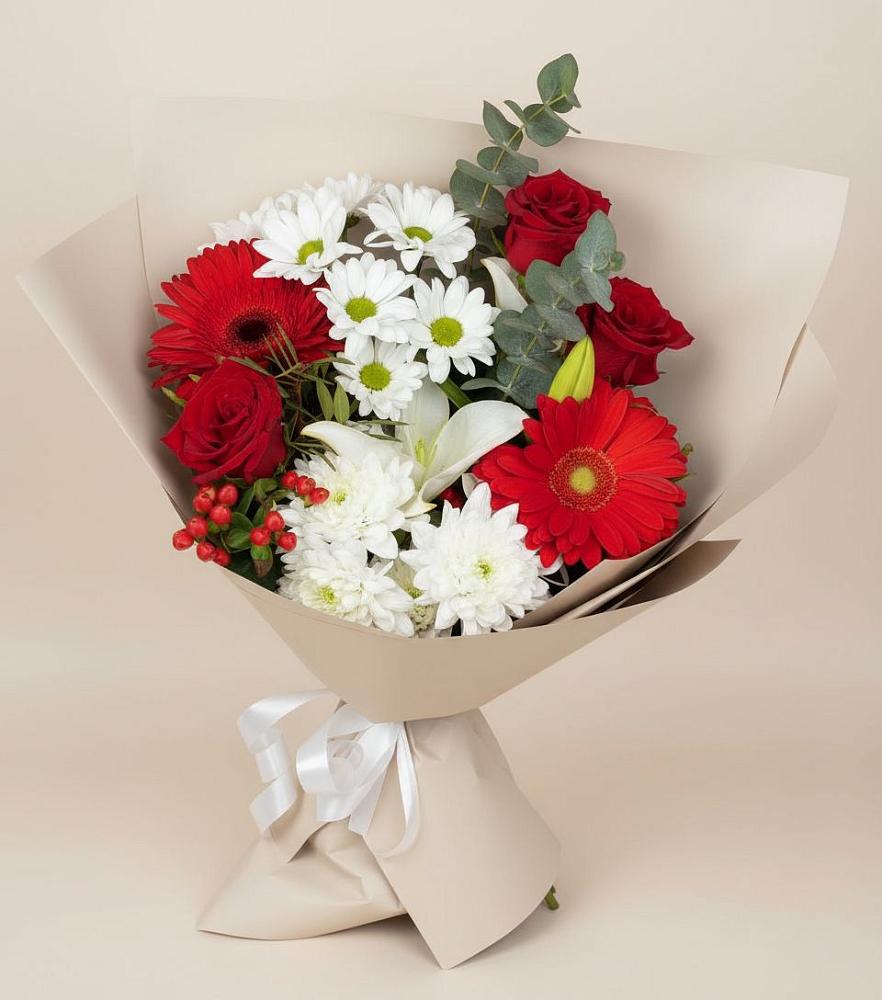 Букет цветов из: Розы, Хризантемы, Герберы и Лилии в Крапивна