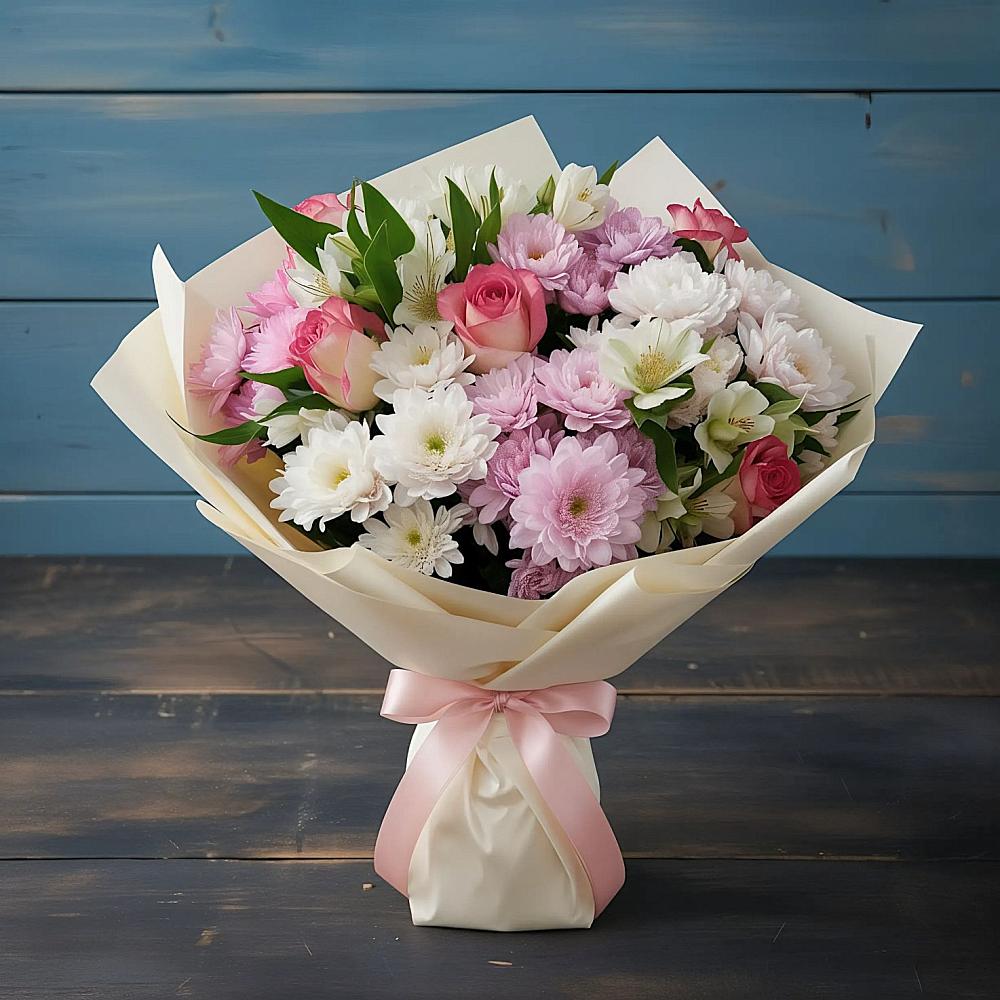 Букет цветов из: Хризантемы, Альстромерии и Розы в Крапивна